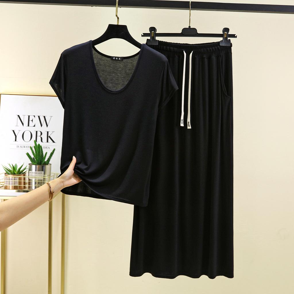 Modal homewear 2pcs suit U-Neck short sleeve Tshirts and Long skirt Plus size Loose fashion dress sets Women's matching set