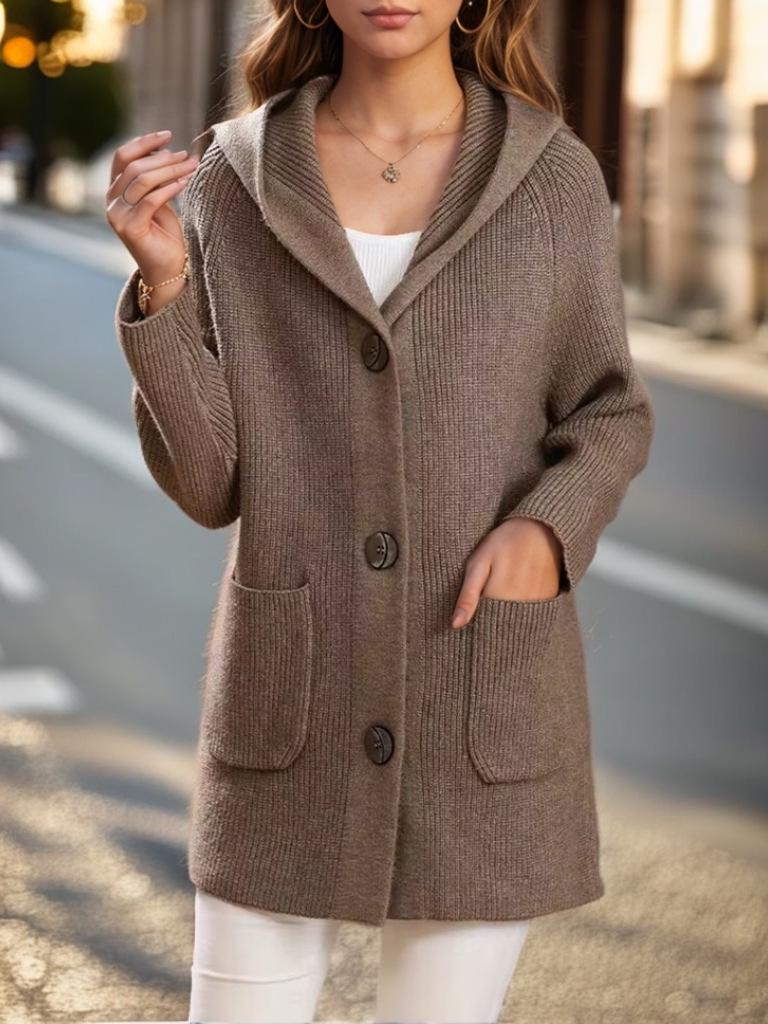 Women's Mid-Length Hooded Knit Cardigan - 2024 Autumn/Winter Casual Solid Thick Sweater Coat