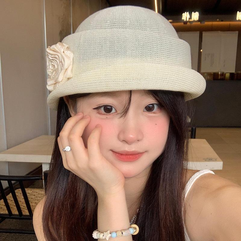 Hepburn Camellia Curled Linen Beret Women's Summer Thin Breathable Top Hat Show Face Small Hat Painter Hat