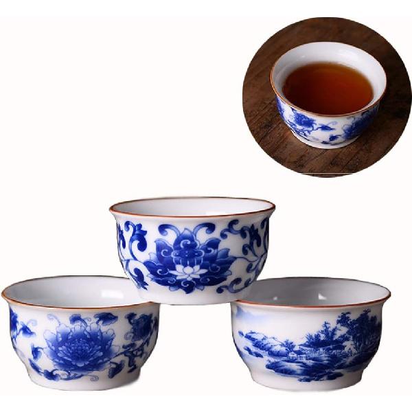Chinese Handmade Kungfu Tea Cup 60 ml,Bone China Blue and White Tea Cups Set of 3,Ceramic Tea Mugs Without Handles,Best Gift