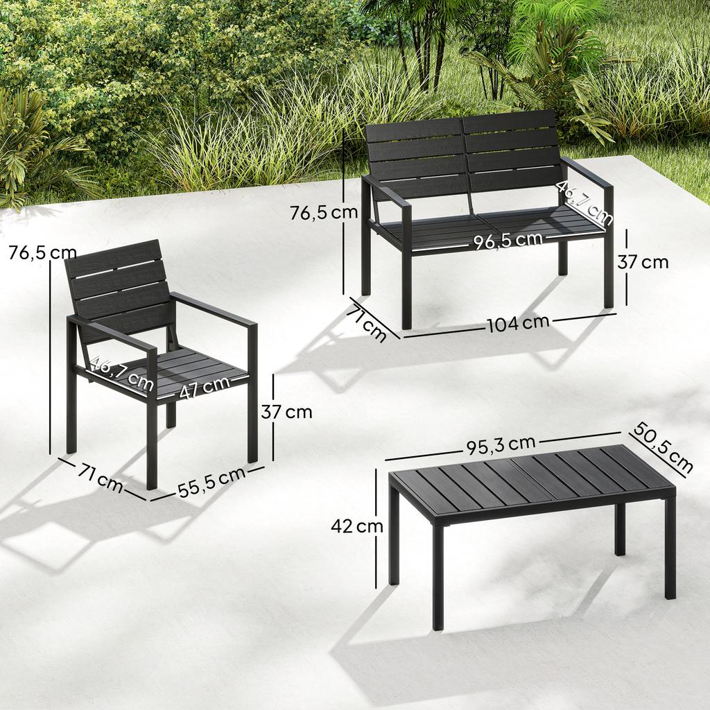 4 Piece Garden Furniture Set, Outdoor Sofa Set with HDPE Slatted Loveseat Armchairs Coffee Table Metal Frame, Black