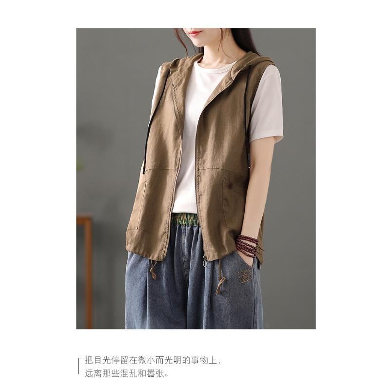 Women S Casual Linen Blend Hooded Sleeveless Zip Up Vest