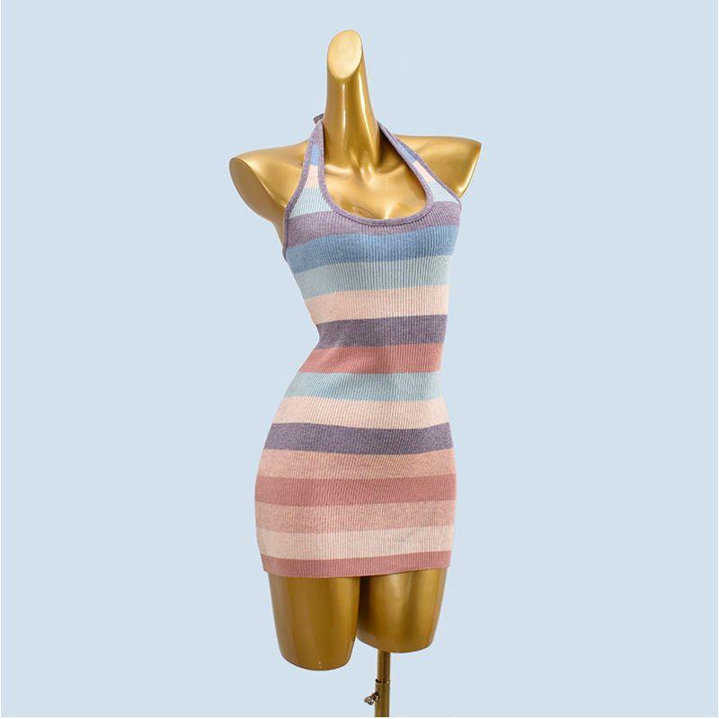 

Чистое желание Сексуальные полоски Халтер Бретели-спагетти Шесть Шерстяное платье Женское Весна Лето Сексуальное Открытая спина Приталенный Фасон Юбка-пакет на бедрах Figure Pink color matching One size