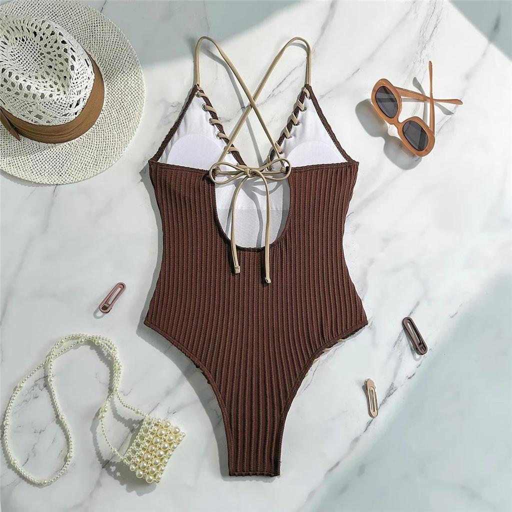 5 Colors V Neck Ribbed Cross Back One Piece Swimsuit Women Swimwear Female High Leg Cut Monokini Bather Bathing Suit Swim
