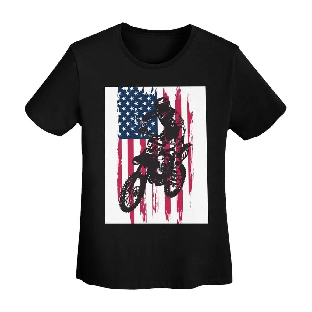 Dirt Bike Motocross USA American Flag TShirt Women Short Sleeve T Shirts Round Neck Streetwear Cotton Summer Tees Streetwear