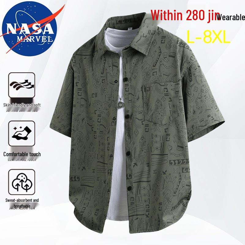 NASA MARVEL Men s Summer Casual Ice Silk Patterned Lapel Short Sleeve Shirt L