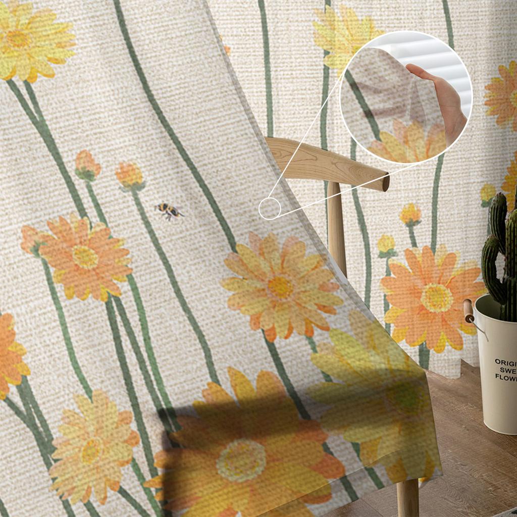 Yellow Daisy Flower And Bee Sheer Window Curtains For Living Room Kitchen Children Bedroom Voile Hanging Curtain