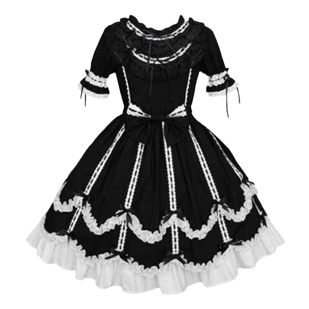 Fashion Women Vintage Gothic Bow Lace Flounce Long Sleeve Patchwork Dress