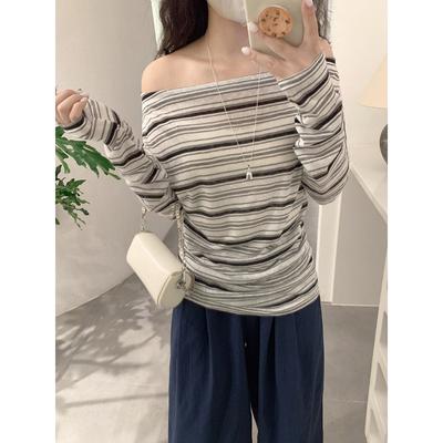 Spring Autumn One Word Collar Vintage Striped Printing Long Sleeve T-shirt Women Loose Casual All-match Tee Top