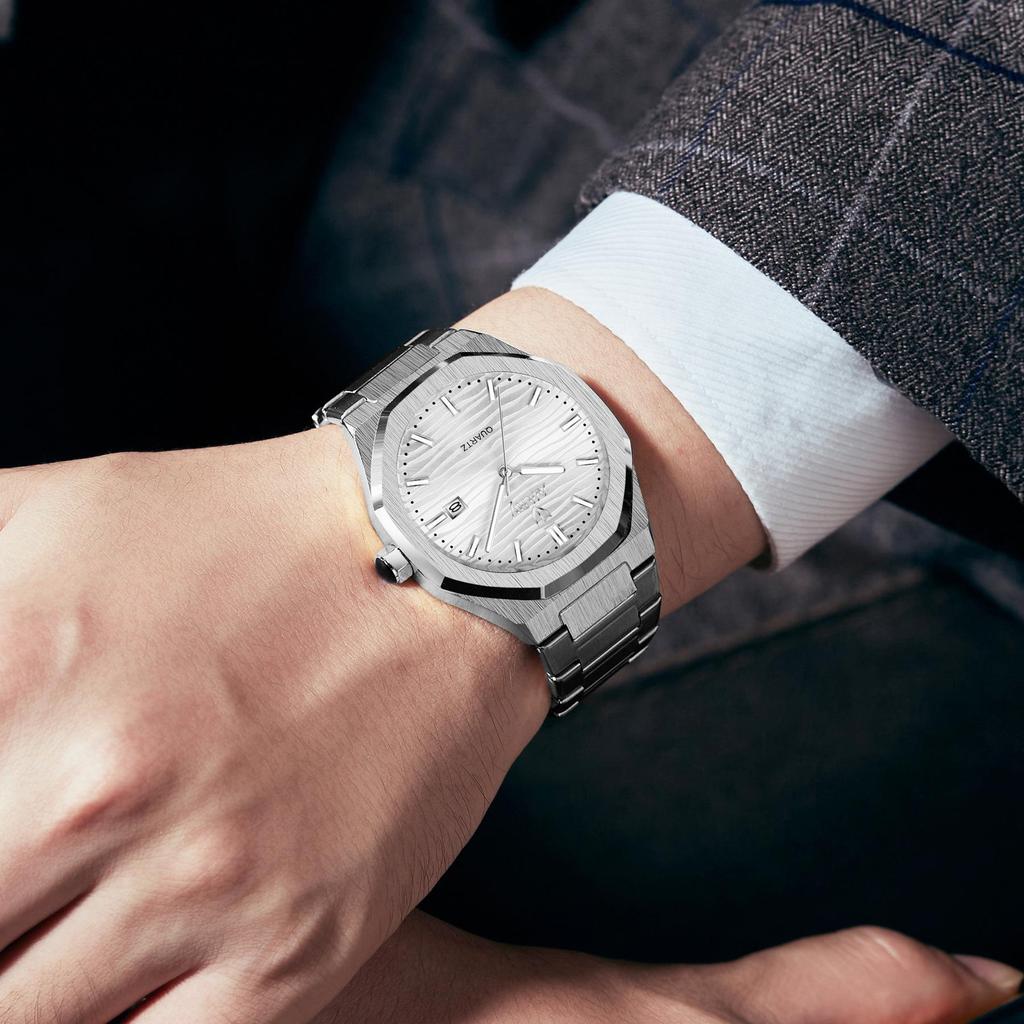 NARY Octagonal Men's Quartz Watch 9034 with Calendar and Steel Band