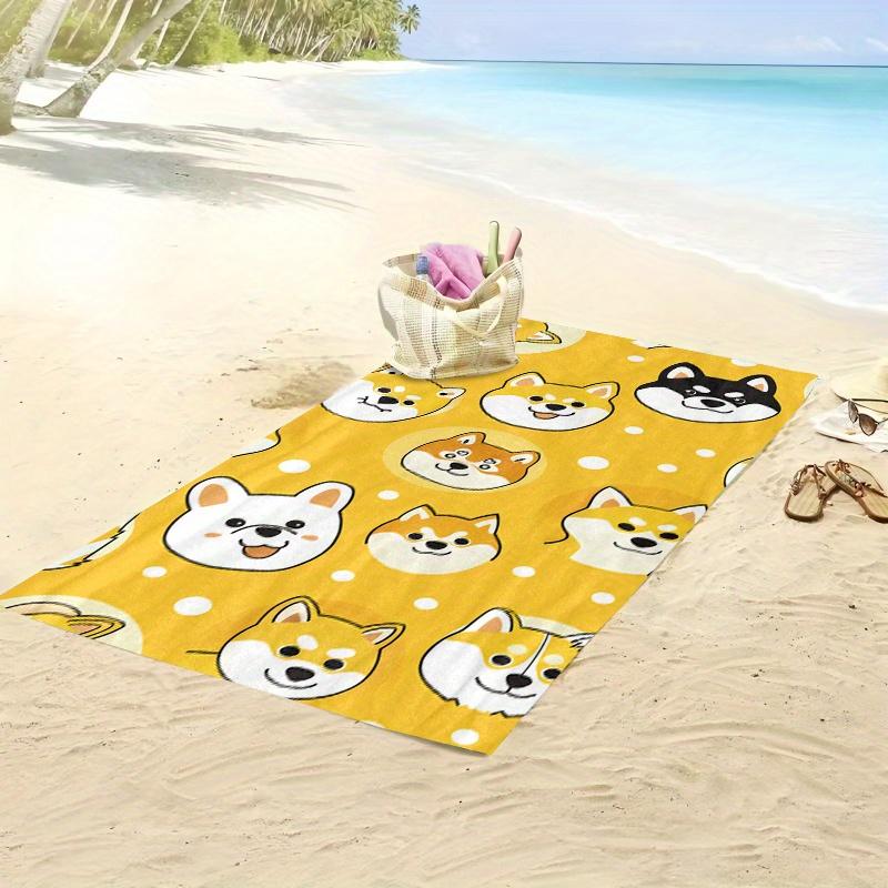 1pc Shiba Inu Dog Face Beach Towel - Yellow with White Polka Dots, Playful Cartoon Design, Soft Microfiber Fabric, Oversized