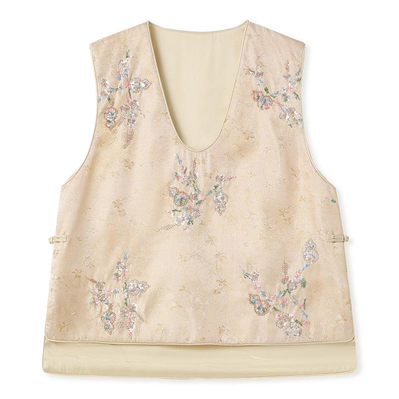 Весеннее прибытие: Женский комплект: Жилет с U-образным вырезом в китайском стиле и юбка, вышитая бисером в форме тыквы - P0134 S