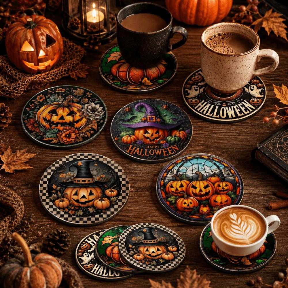 6pcs Wooden Halloween Coasters Pumpkin Heat Insulation Pad DIY Tableware Mat Cafe