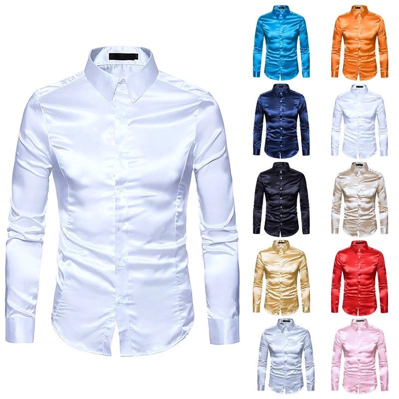 Men's Fashion Color Personality Casual Slim Long Sleeve Lapel Shirt Top