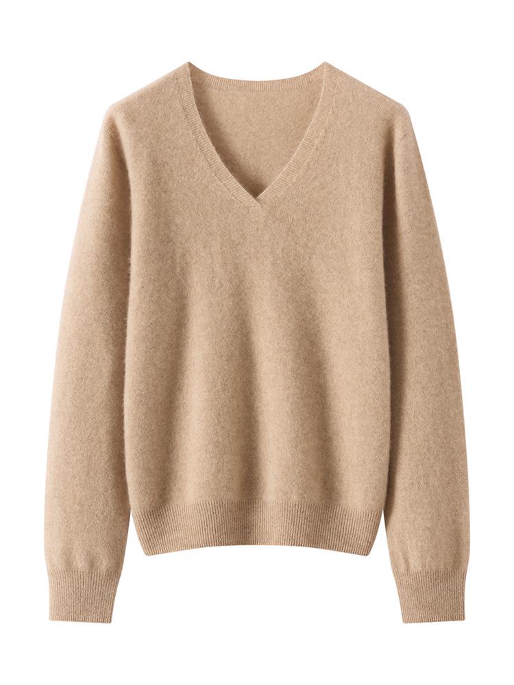 Women's V-Neck Cashmere Knit Sweater - Loose Fit, Long-Sleeve Pullover