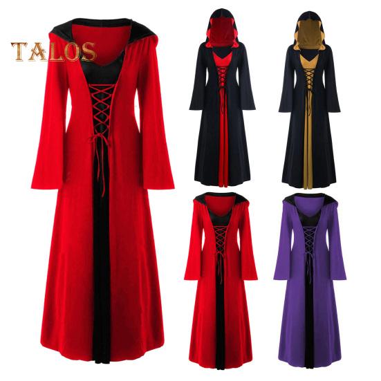 Women Cosplay Dress Dark Style Halloween Party Witch Costume Lace-up Strap Hooded Color Matching Long Horn Sleeves A-line Performance Dress