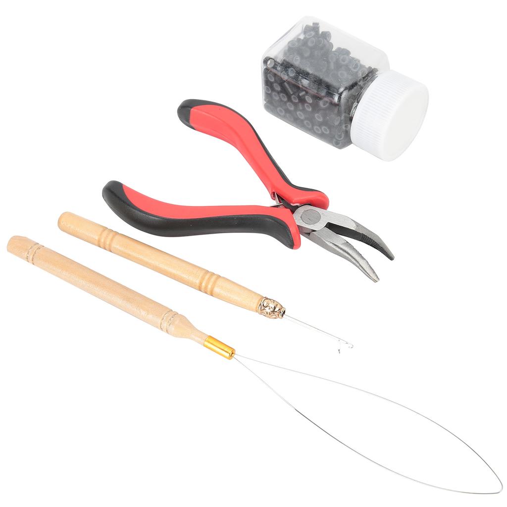 500 buc Inele din silicon pentru extensii de păr, clește curbat, croșetă, ac de tras, kit de instrumente pentru extensii de păr