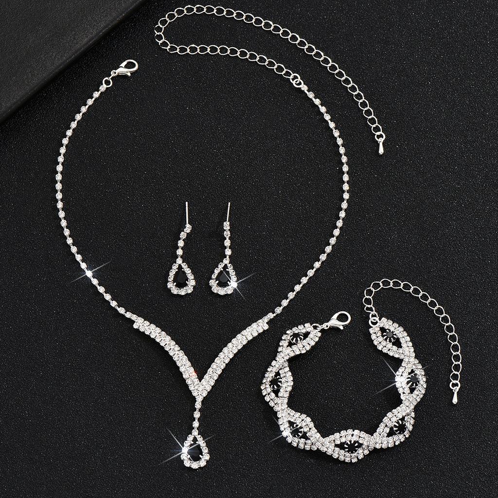 3 Pcs Luxury Rhinestone Bride Zircon Set for Women Black Water Drop Crystal Earrings Wedding V Necklace Eye Bracelet Fashion-