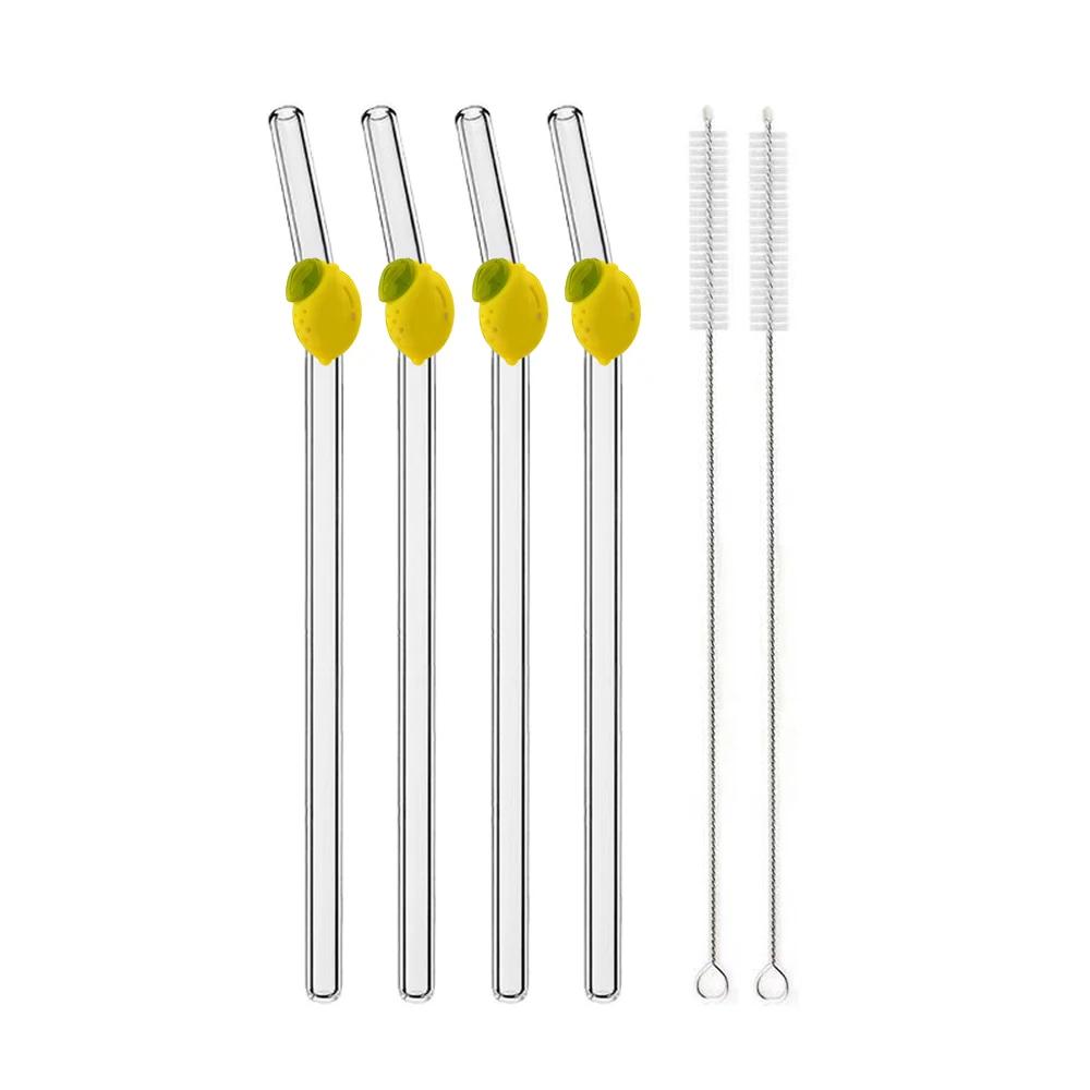 

4/6/8/10/12Pcs Lemon Shaped Straw High Borosilicate Glass Straw Eco Friendly Drinking Straws Cocktail Smoothie Bar Accessories 4 straws 2 brush