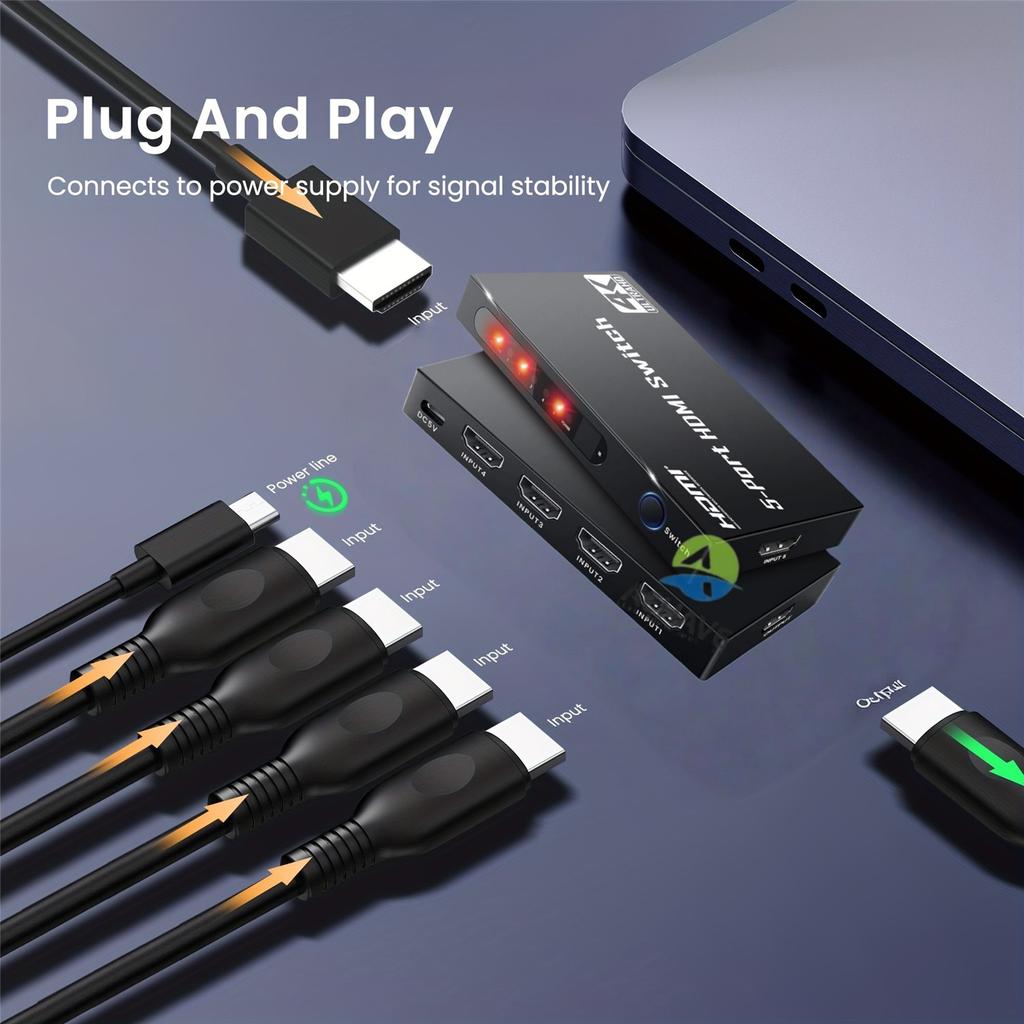 HDMI 5x1 Switch 5-Input 1-Output HDMI Switch HDMI Selector Supporting 4K@30Hz Ultra HD Includes Remote Control 10.2 Gbps High-Speed Data Transfer