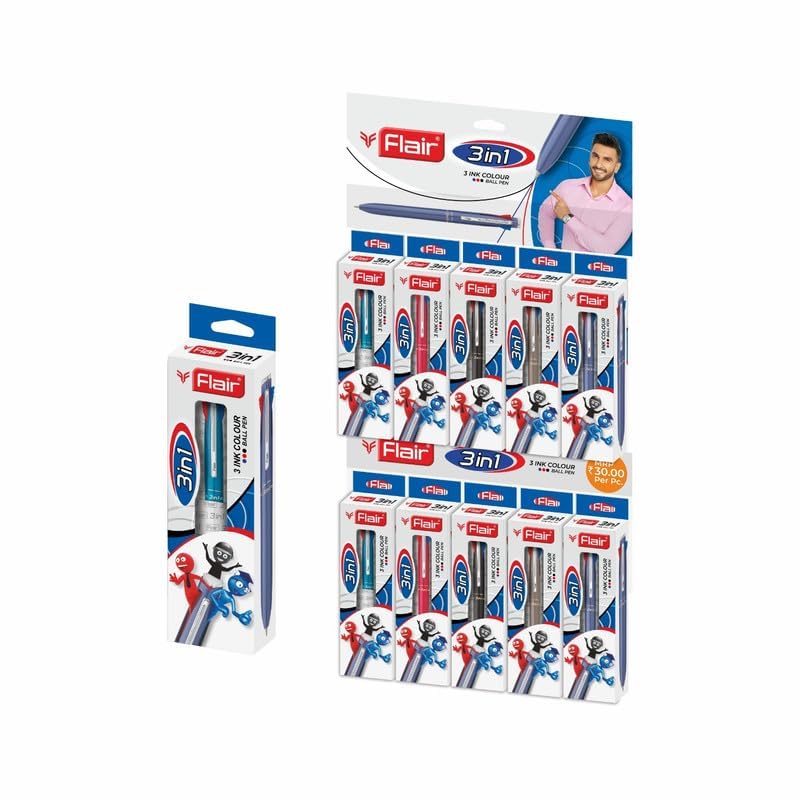 FLAIR 3 in 1 Retractable Ball Pen Pack of 5, Multi Color Ink Pen Blue Black Red for Office School Writing Smooth Use