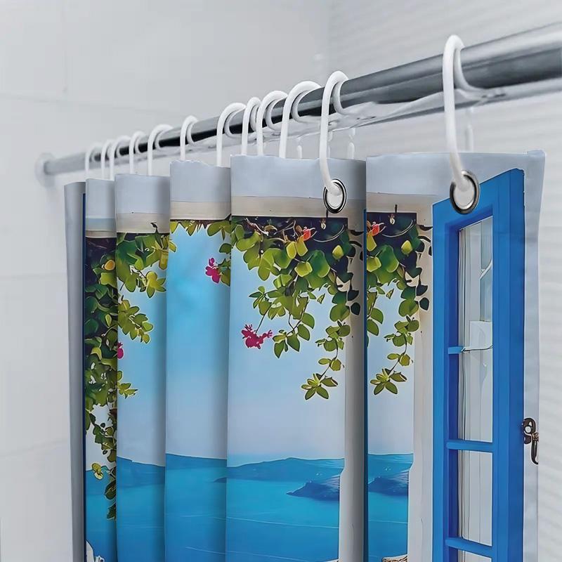 Scenic Blue Window Shower Curtain Mediterranean View Waterproof Heat Resistant Machine Washable Home Decor Complimentary Hook
