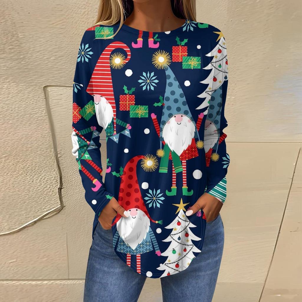Marškinėliai moterims Rudeniniai laisvalaikio marškinėliai ilgomis rankovėmis Retro spausdinti megztiniai Kalėdų vakarėlio viršutiniai megztiniai