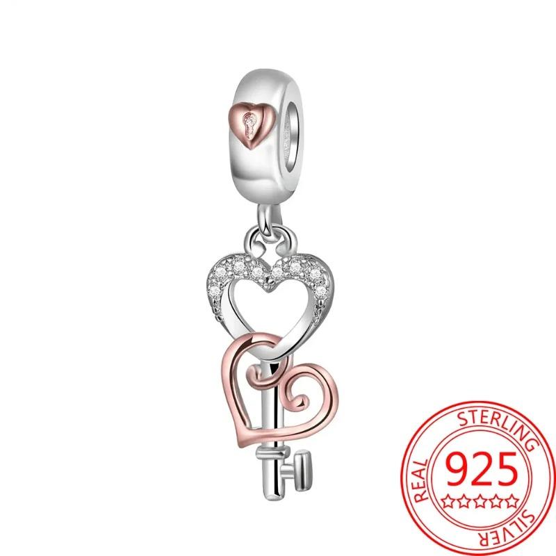 925 Silver Heart Lock Key Charm Pendant for Bracelet Jewelry DIY Gift Dangle Beads Keychain