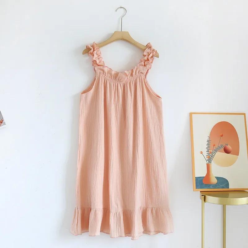 Ladies Summertime Cotton Yarn Pure Cotton Thin Suspender Nightdress Loose Mid-length Sweet and Lovely Long-cut Home Dress Camisola Sexy