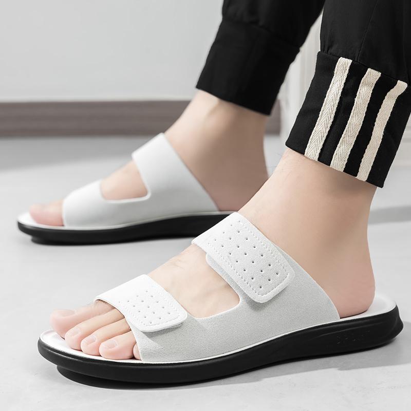 

Men Black Leather Slippers Simple Flats Summer Brown Outdoor Sandals Outdoor White Beach Shoes Over Sized 46 47 48 EU:38 білий