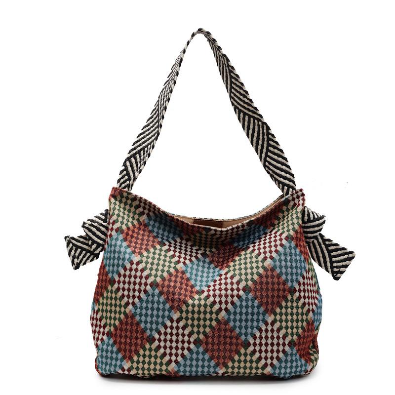 Color Block Tote Bag Women Print Plaid Shoulder Bag