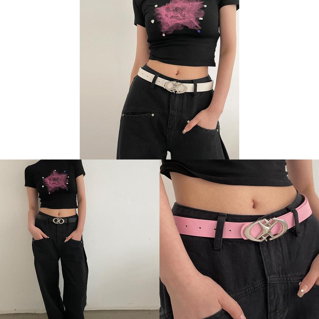 Simple Starry Summer Pink Pu Belt With Alloy Buckle For Women