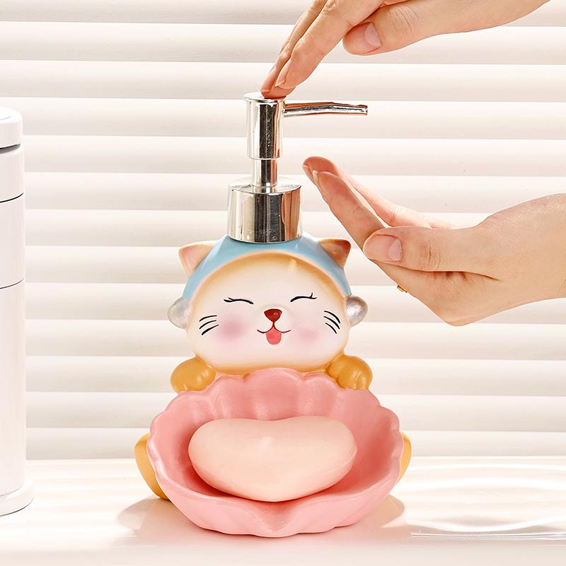 Cute Cat Soap Box lotion Bottle Two in one Two Use Drain Ceramic Soap Dish Toilet Soap Box Hand Wash Liquid Press Bottle