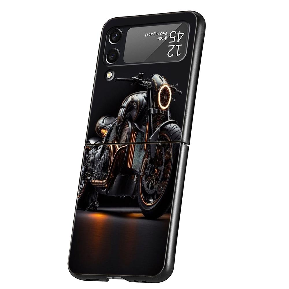 Motorcycle Hard PC Phone Case For Samsung Galaxy Z Flip 5 4 3 Black Cover For Galaxy Z Flip 6 Foldable Shockproof Cases Fundas