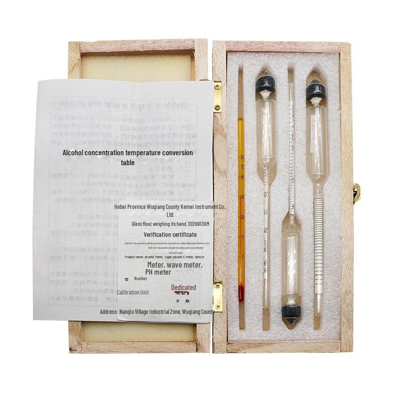 Three-Piece Alcohol Tester Set with 0-100 Scale, Conversion Table, and Thermometer.