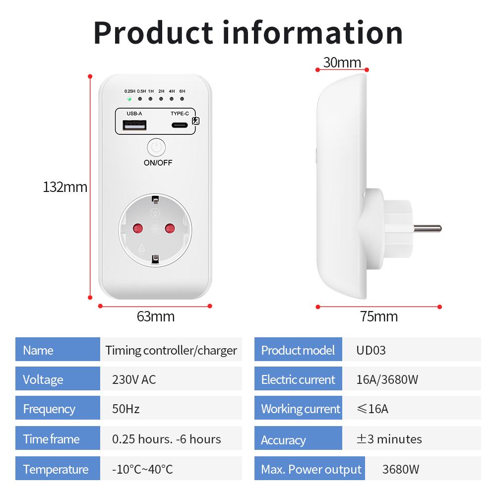 Timer Switch Timing Controller Socket 6-hours Countdown Automatic Shutdown with USB Type-C Fast Charging Ports 230V EU Plug