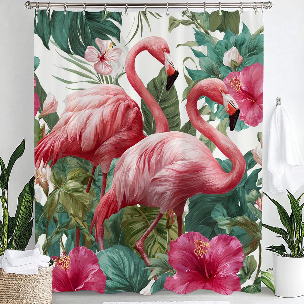 Flamingo Bathing In Pink Bathtub Shower Curtain, Floral Art Bathroom Decorative Curtain, Printed Polyester Curtain With Hooks