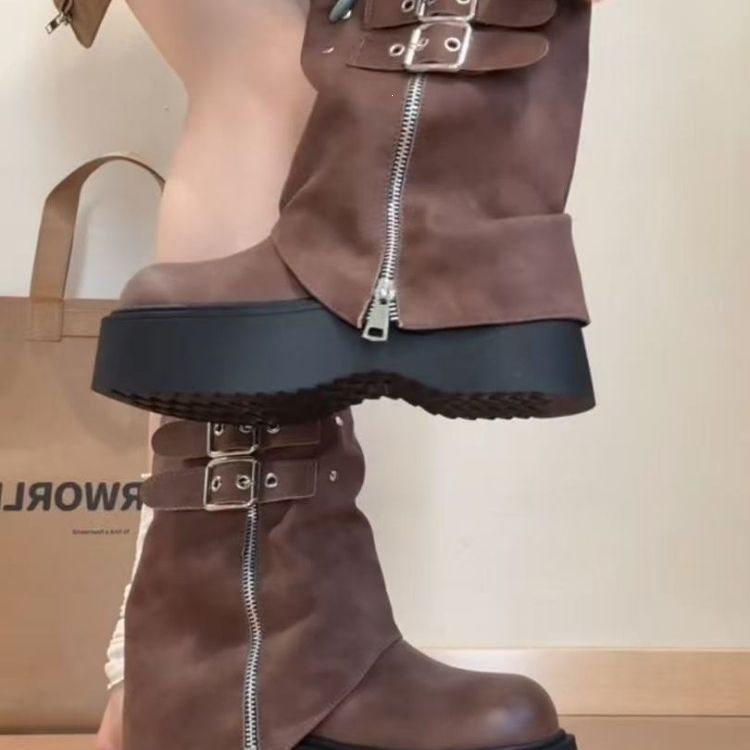 New sweet and cool babes look thin and small, increase height, locomotive trousers boots, retro knight boots, thick-soled short boots for women