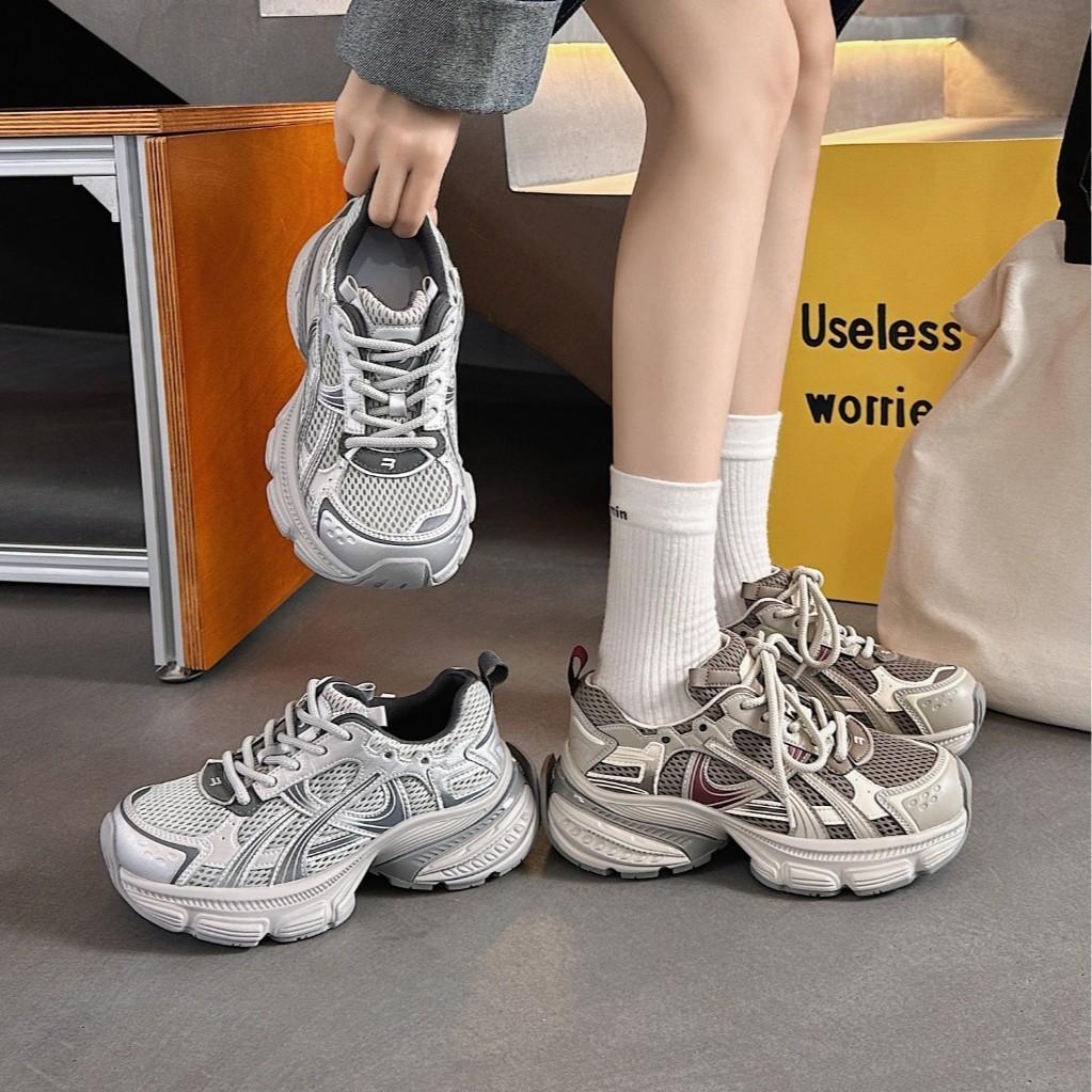 European thick-soled dad shoes for women 2025 autumn new leather mesh lightweight height increase casual sports shoes ins tide