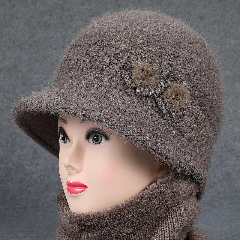 

Зимняя шапка для пожилых женщин среднего возраста, связанная из пряжи кролика для тепла Шапка-тазик для пожилых людей Бабушка в бархатной шапке one size