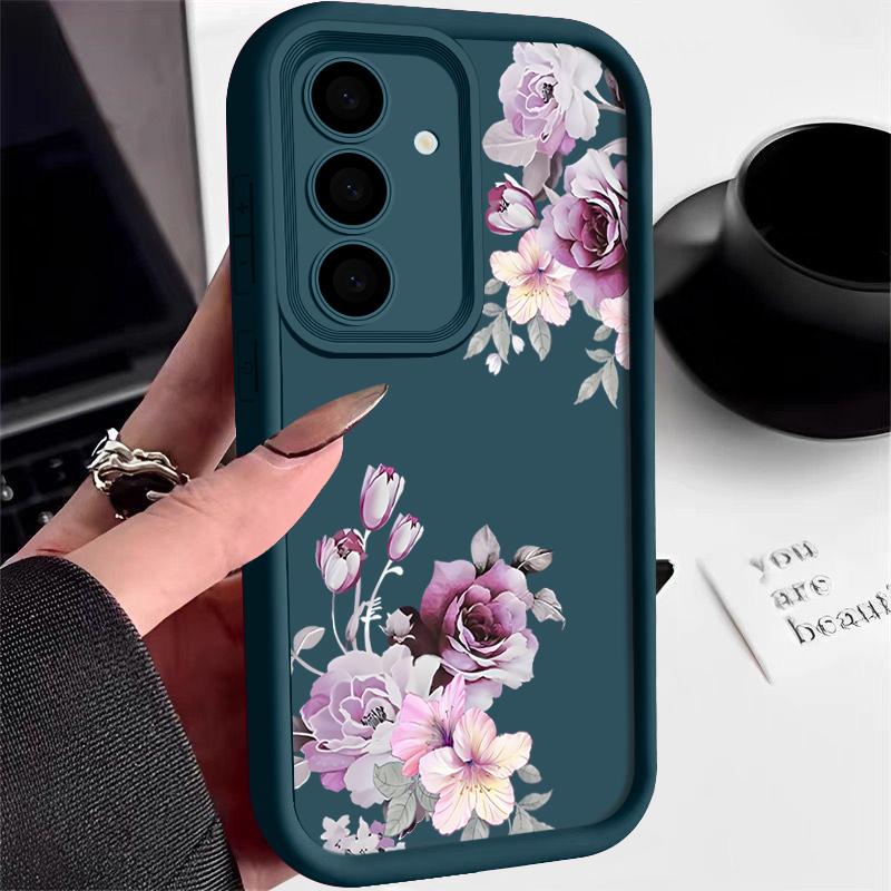 Purple Floral Print TPU Soft Phone Case For Samsung S25 Plus S24 FE S23 Ultra S22 A16 A15 A55 A56 A36 A35 A06 A05 A34 Matte Shockproof Bumper Cover