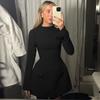 LYRIA Mini šaty bodycon na zip s dlouhým rukávem a kapsou, jednobarevný elegantní outfit, kancelářský streetwear, dámské podzimní zimní oblečení
