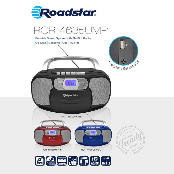 Radio CD Cassette Portable Numerique PLL FM, Lecteur CD-MP3, USB, AUX-IN Roadstar RCR-4635UMPBL Bleu 33185