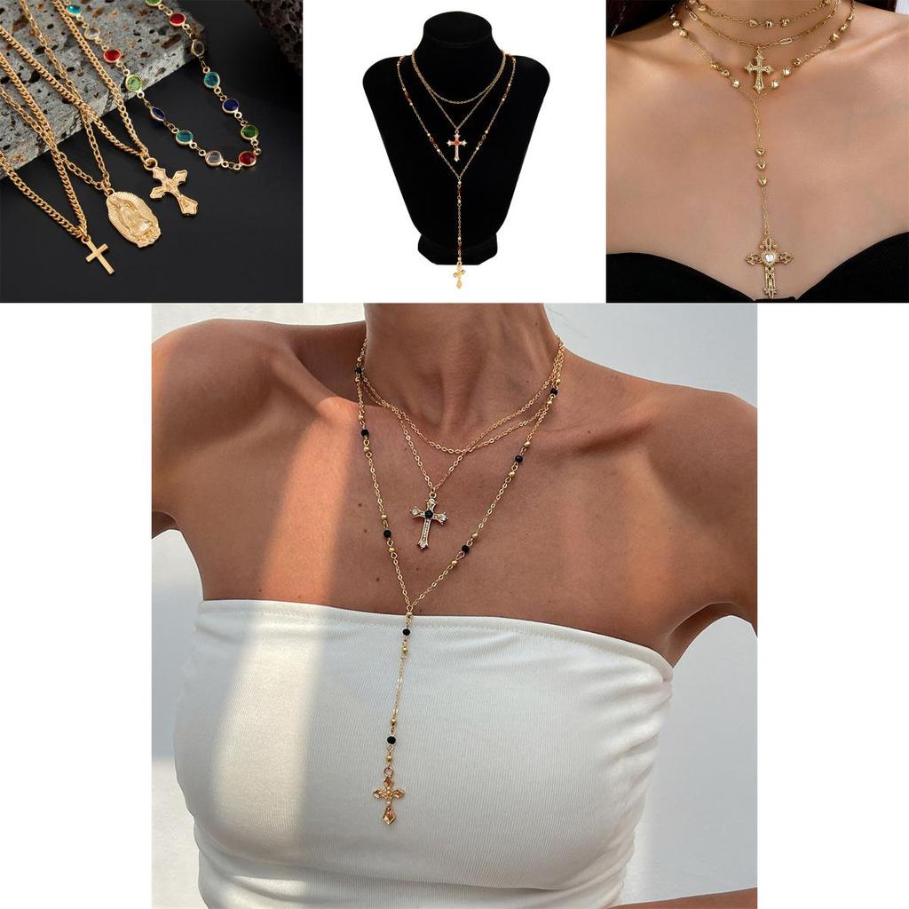 Cross Pendant Necklace For Women With Layered Y Design And Fringes
