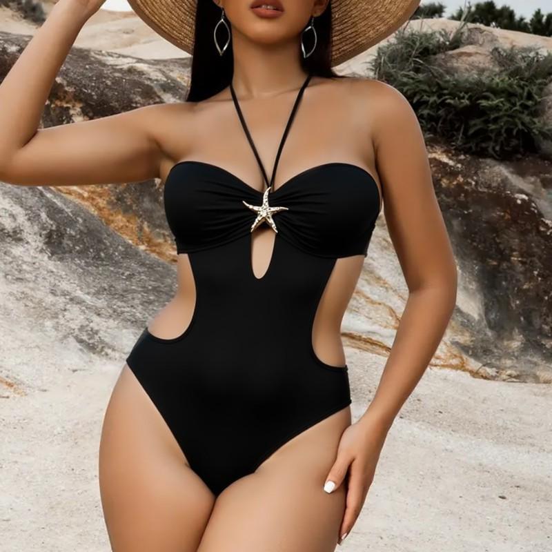 

Metal Jewelry Hollowed Out Sexy Lace One-piece BIKINI XL чорний