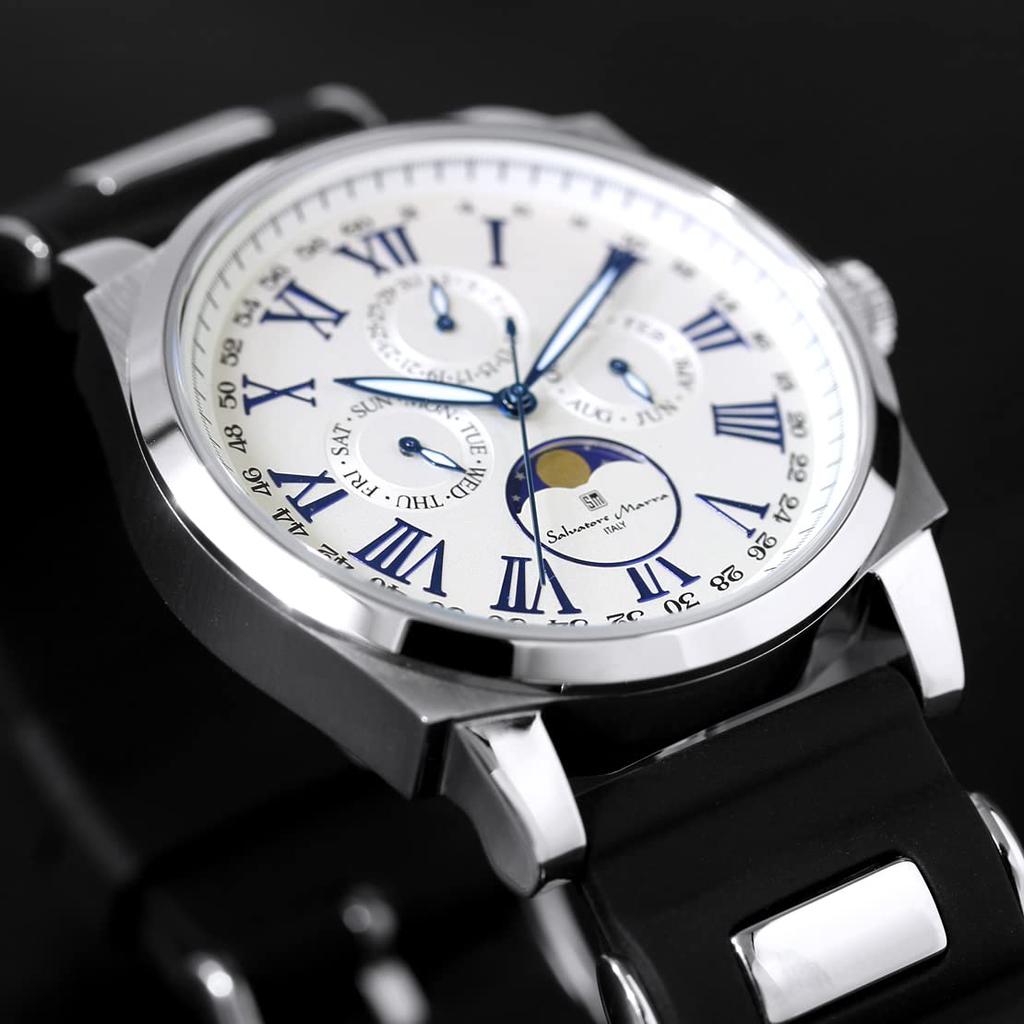 Watch Moon Phase Multi Calendar 5 ATM Water Resistant Business Formal Rubber Belt Limited Model White Silver [Salvatore Mara] Men's SM22105R-SSWH