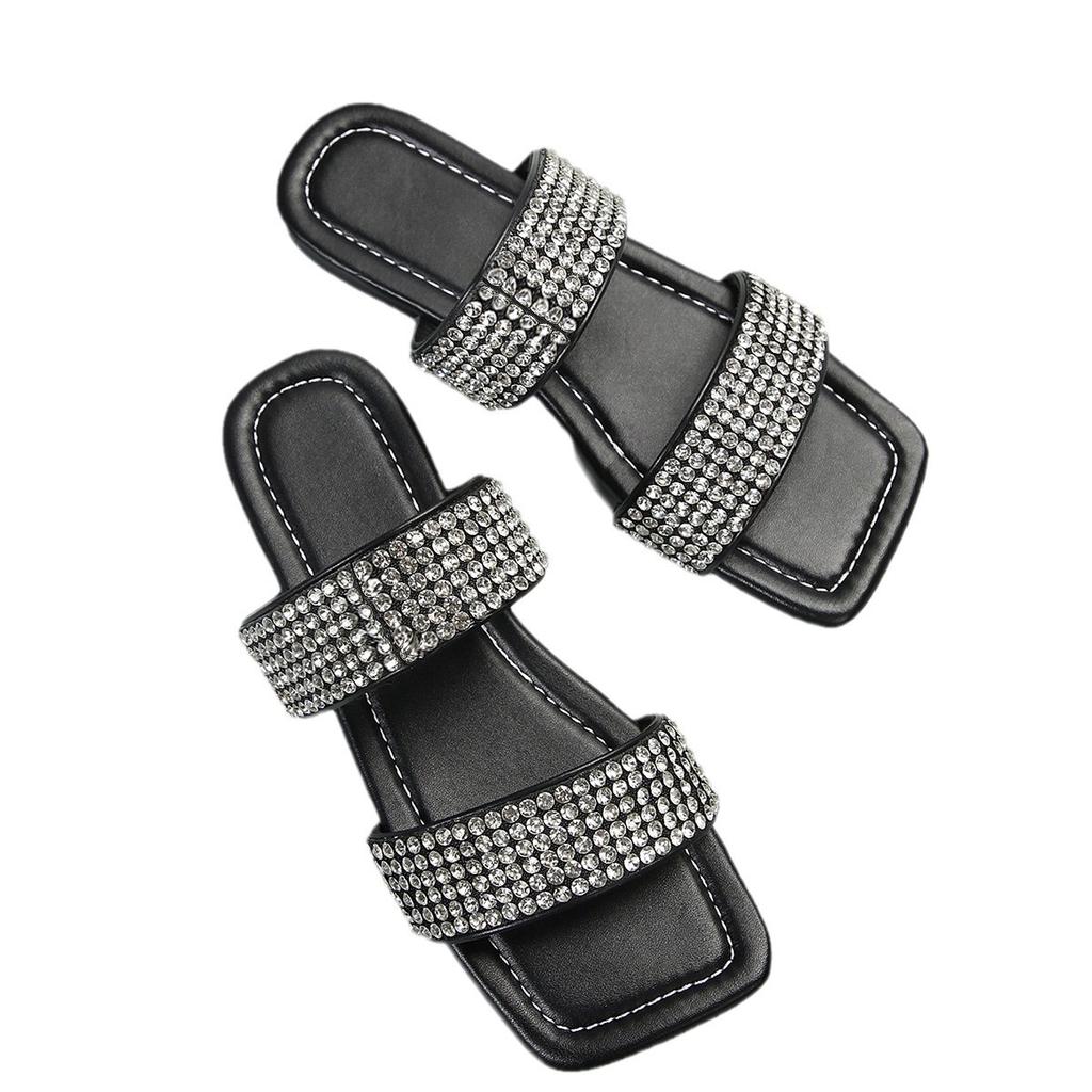 Flat Bottom Large Size Slippers Women's 2025 Summer New One-word Rhinestone Square Head Casual Wear Beach Cool Slippers