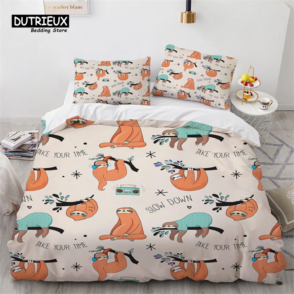 Niedlicher Faultier Bettbezug Einzelbett Cartoon Tier Bettwäsche Set Mikrofaser Floral Blätter Steppdeckenbezug Für Teenager Mädchen Jungen Kawaii Raumdeko