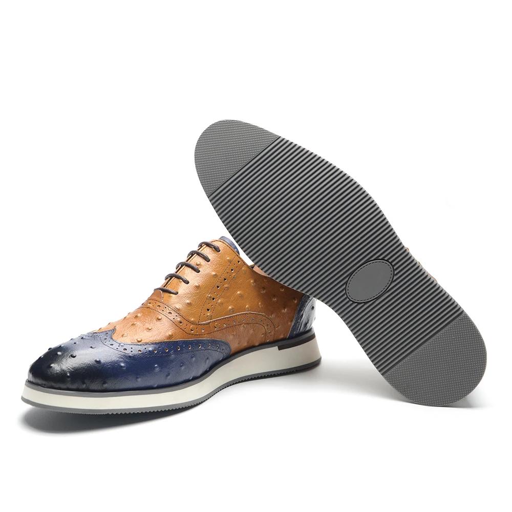 Luxury Handmade Cow Genuine Leather Men's Oxford Sneakers Lace-up Wingtip Brogue Ostrich Pattern Brown Blue Casual Footwear Male