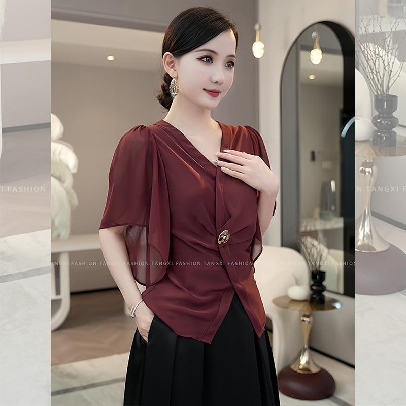 Summer New Style Light Luxury Feminine Retro Burgundy V-neck Design Top for Women